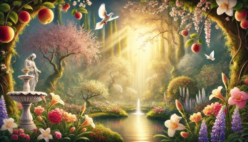 DALL·E 2025 03 08 22 27 21 A serene and mystical garden inspired by the Song of Songs from the Bible The scene is filled with vibrant spring flowers, lush fruit trees, and a so