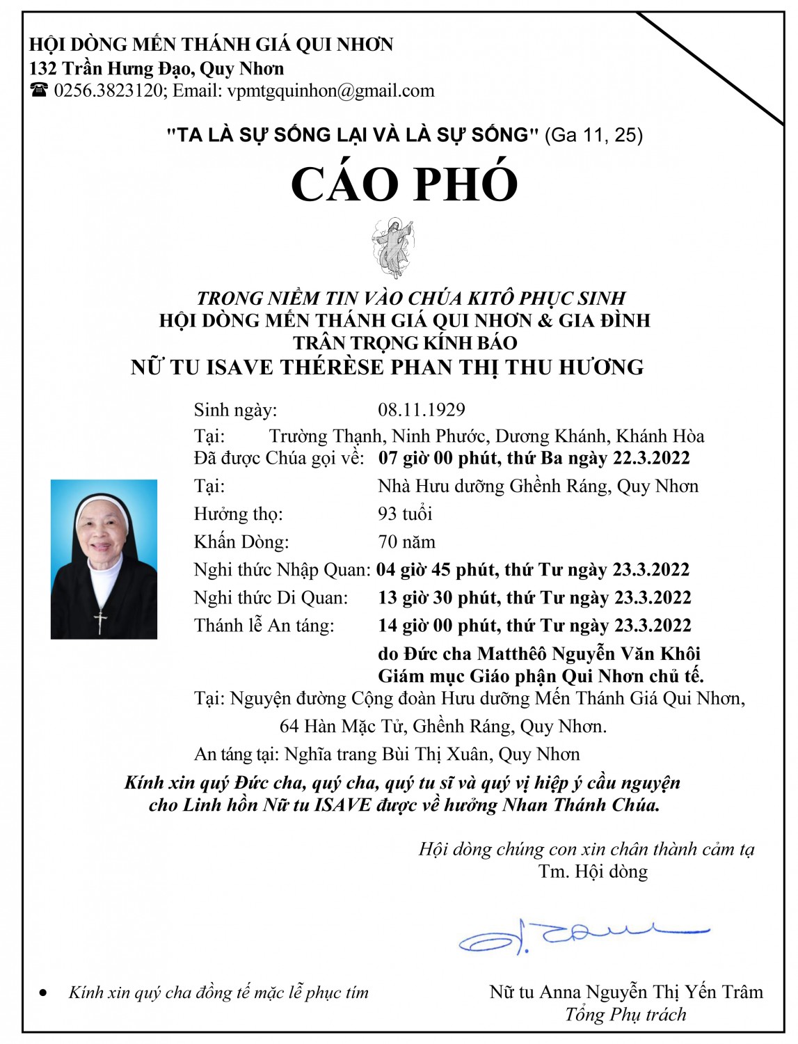 2022 03 22 Rip Nu tu Isave Therese Phan Thị Thu Hương