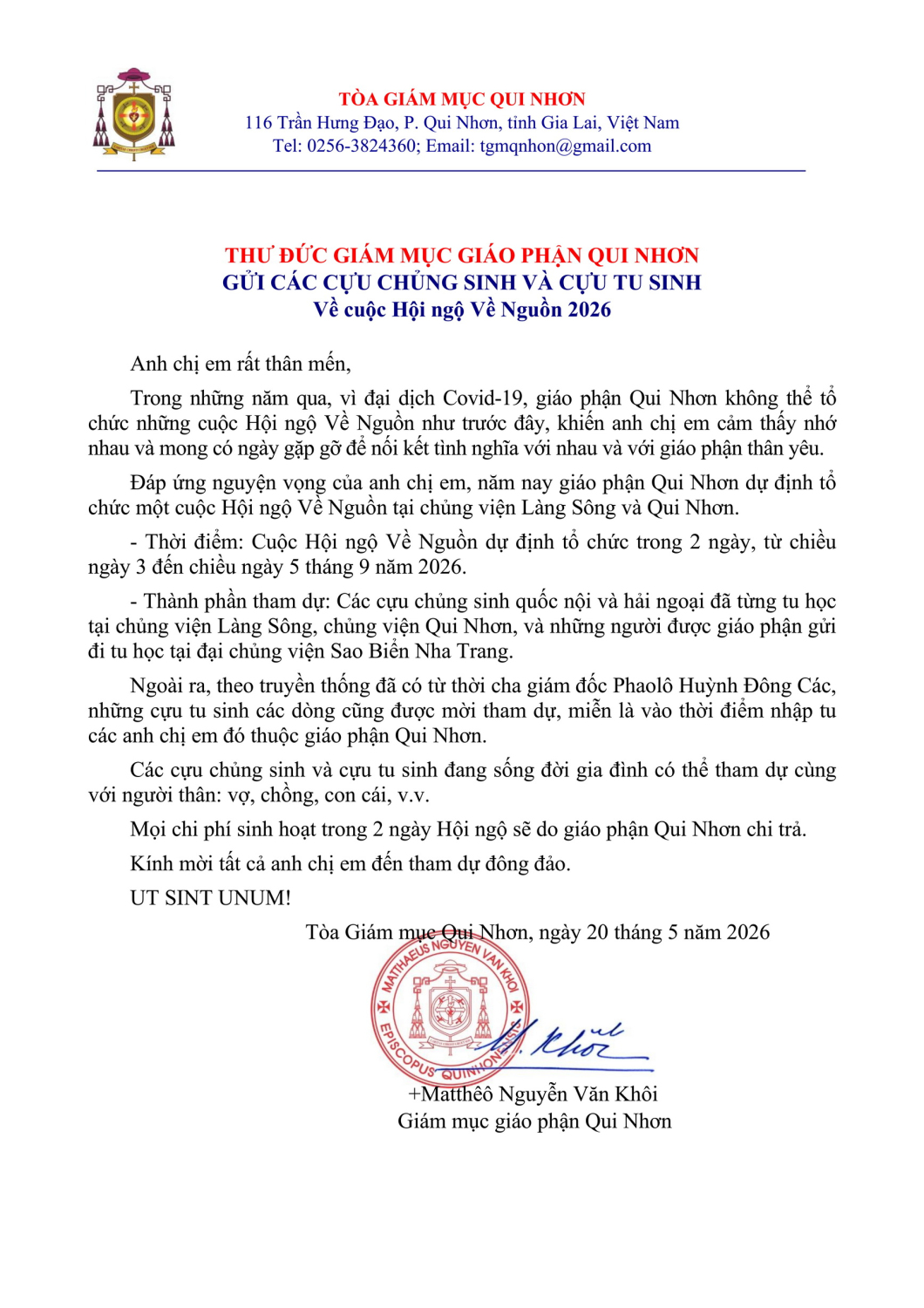 THƯ GỬI CÁC CỰU CHỦNG SINH 2026