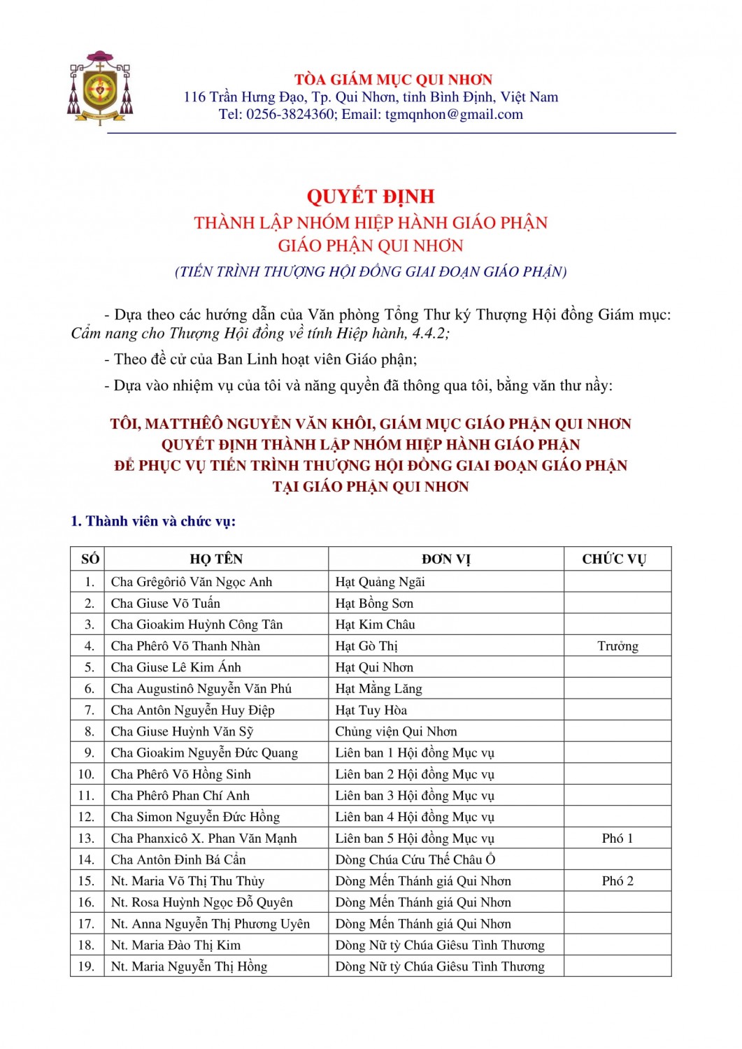 2021 12 17 Quyết định thành lập Nhóm Hiệp hành Giáo phận 2021 1